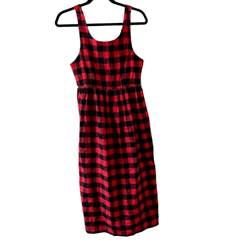Red Black Buffalo Plaid Sleeveless Midi Dress FADS Cotton 4P Jumper Sundress